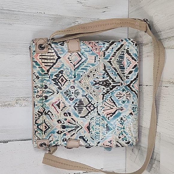 Sakroots Artist Circle Coated Canvas Turquoise Pink Beige Crossbody Purse FLAWS - Picture 2 of 14